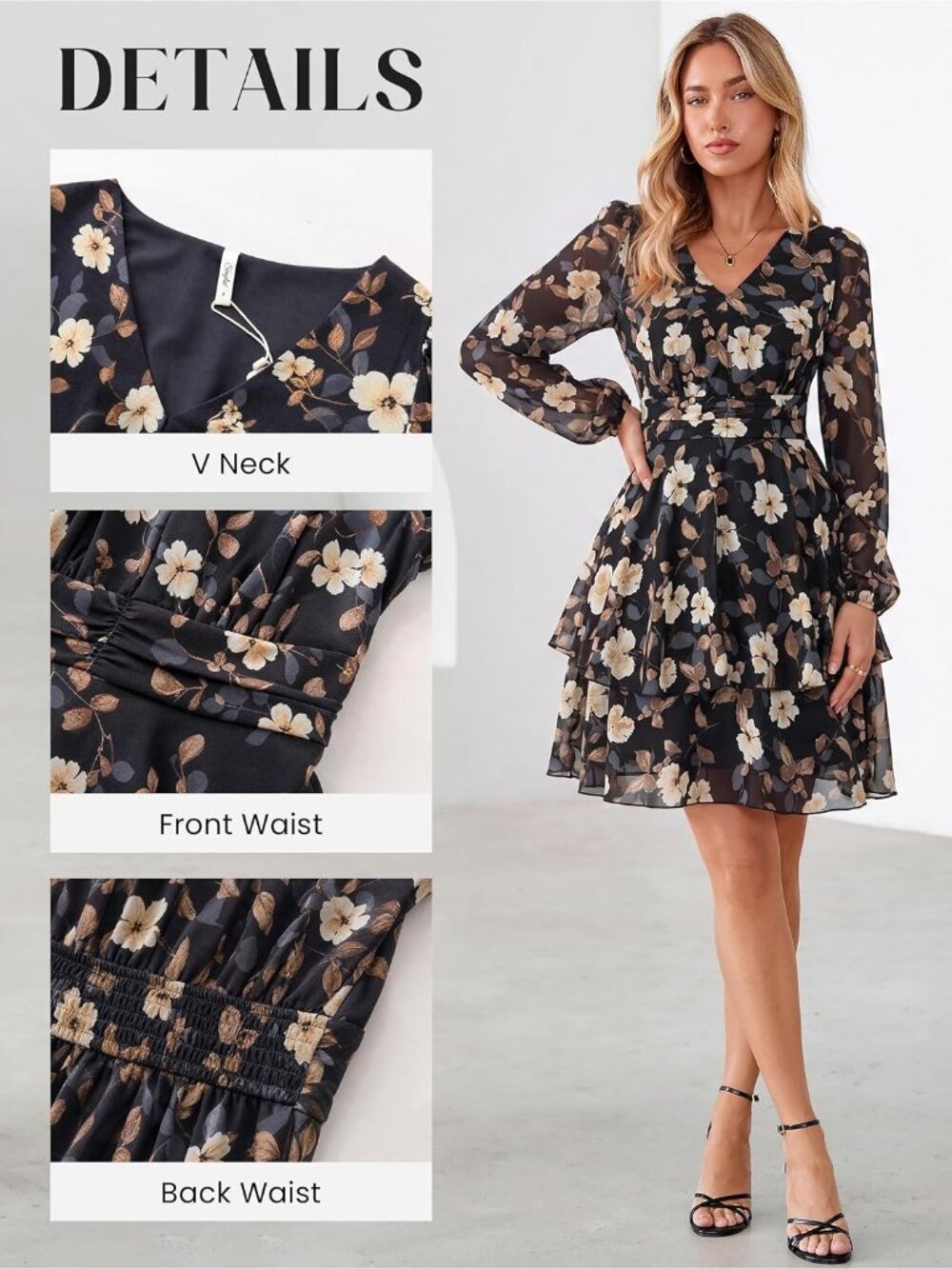 〽️Black Yellow Floral Chiffon Dress Women’s Long Sleeve V Neck Empire Waist - Picture 4 of 7